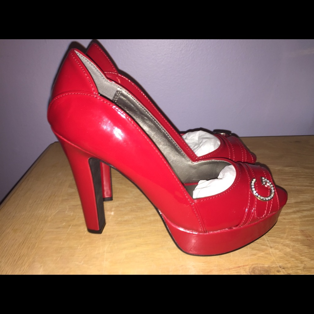 Guess Red Patent Platform Peep-Toe Heels
